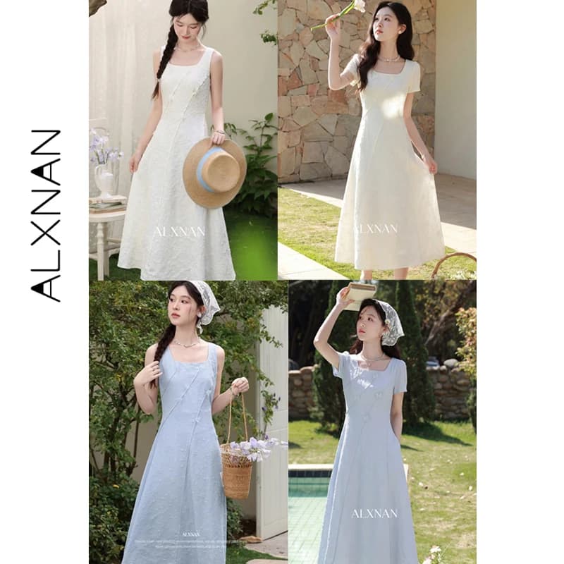 Abito Estivo da Donna ALXNAN 2026, Vestito Lungo a Trapezio Stile Francese per Feste e Vacanze, con Farfalle 3D in Rilievo, Modello L62626-2