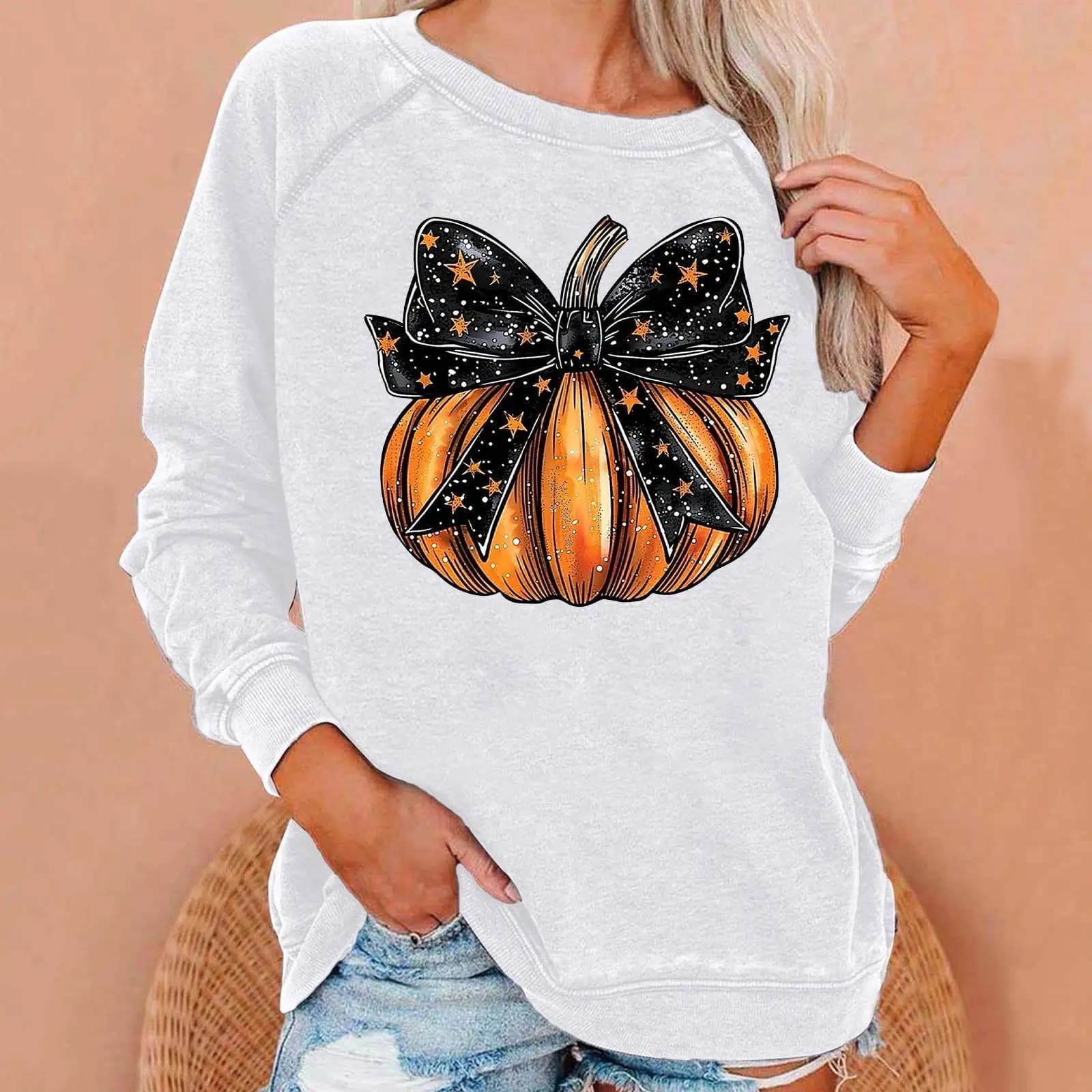 Loose Women's Sweatshirt Halloween Print Shoulder Sleeve Middle Length Autumn Winter Ladies' Hoodie Casual Comfortable Top