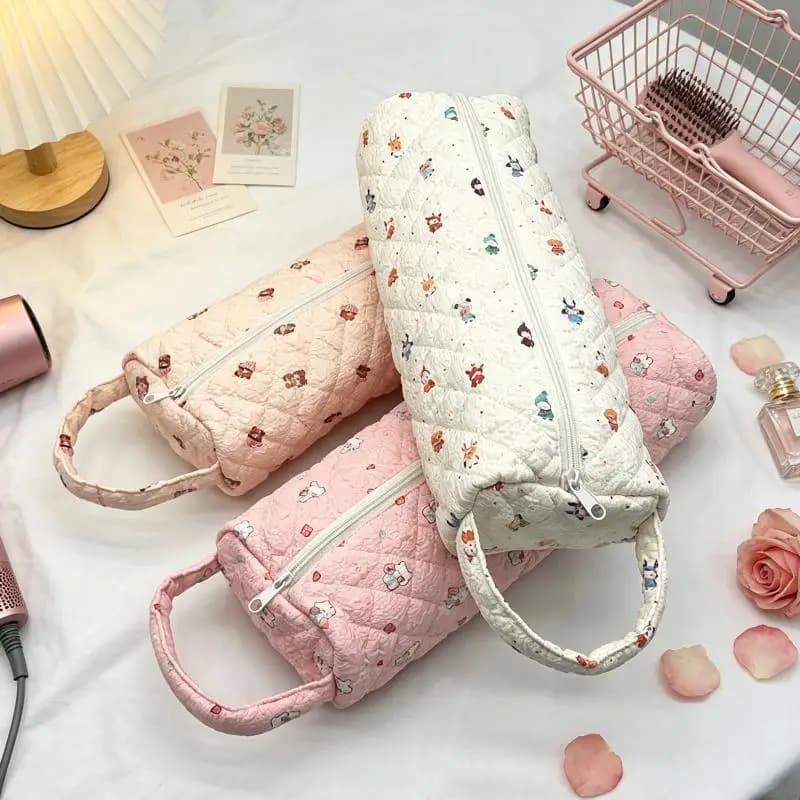 Floral Print Hair Dryer Storage Bag Quilted Soft Portable Handle Makeup Pouch for Women Travel Dorm Bathroom Organization
