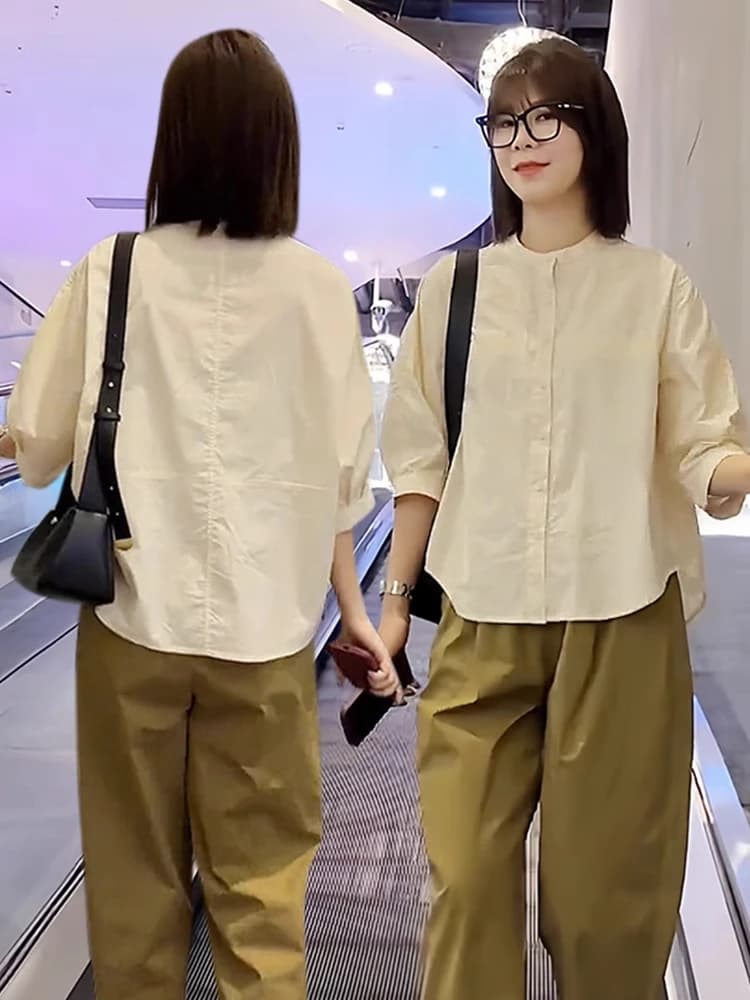 Camicia a mezza manica da donna, nuovo stile primaverile, tinta unita, girocollo, cardigan aperto, blusa a cinque maniche di media lunghezza, top alla moda