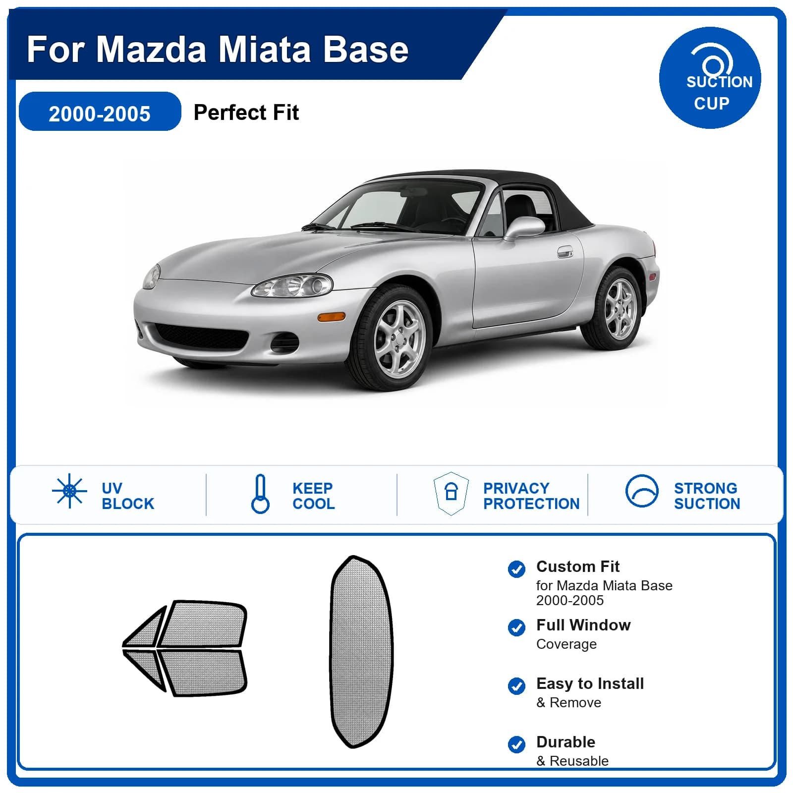 For Mazda Miata Base 2000-2005 Custom Full Set Windshield Sun Shade Aluminum Foil Heat Insulation Anti UV Foldable