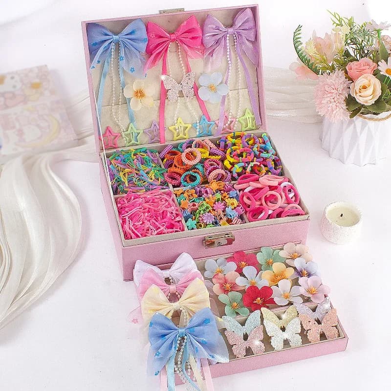 784 piece Girls' Pink Pearl Butterfly Hair Clips, Elastic Hair Ties, Scrunchies, Bangs Clips, Versatile For Daily Use