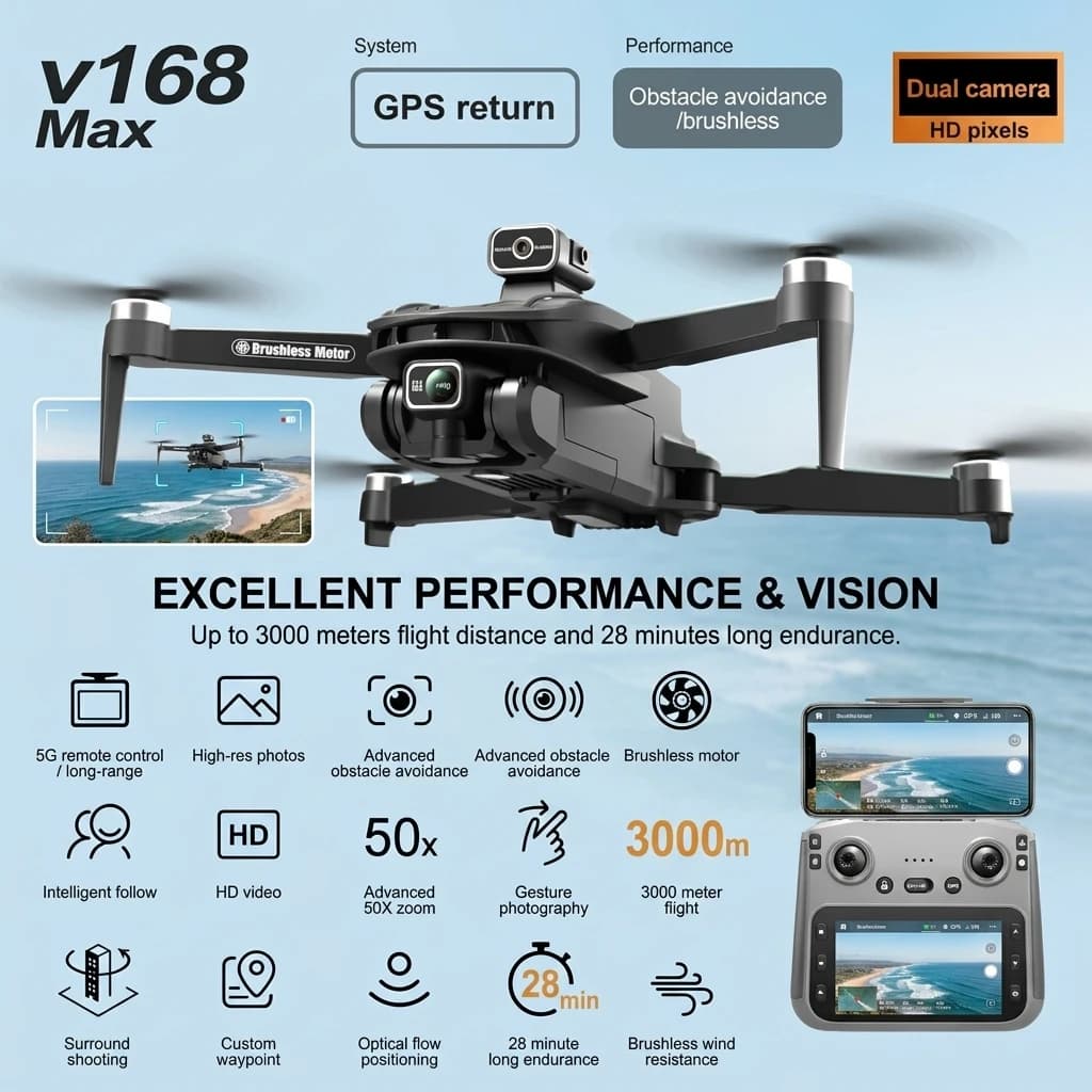 2026 NEW V168MAX GPS Drone 8K With HD Dual Camera Profesional Obstacle Avoidance FPV 5G WIFI Brushless aerial Quadcopter ToyGift