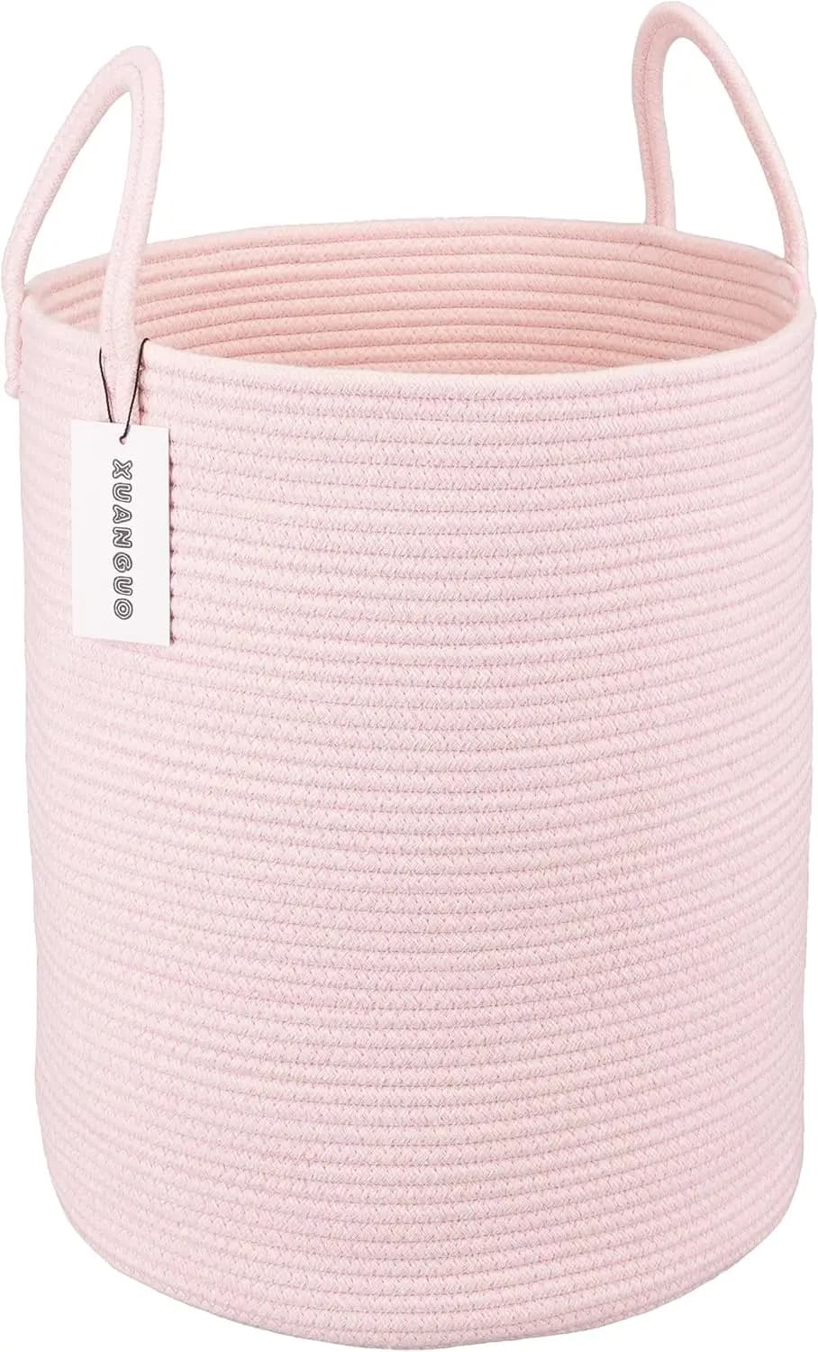 Large Basket in Pink Cotton Corda for Kids Room, Living Room with Manici