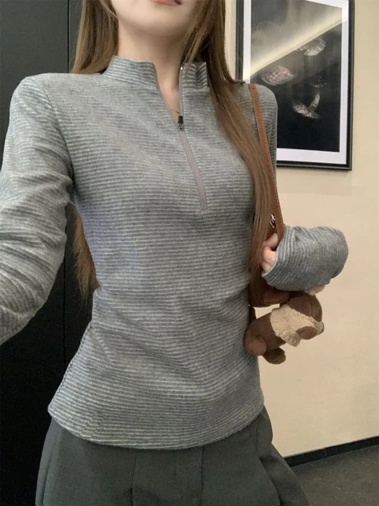 New Autumn Winter Chic Warm Pullovers Women Elegant Slim Fit Half Turtleneck Zipper Base Tops Harajuku Casual Outerwear Clothing