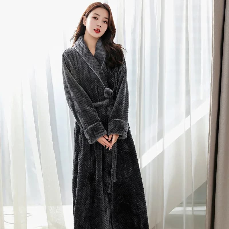 Accappatoio spesso invernale da donna in pile con colletto rovesciato, vestaglia soffice da donna, kimono a maniche lunghe solido con fasce femminili