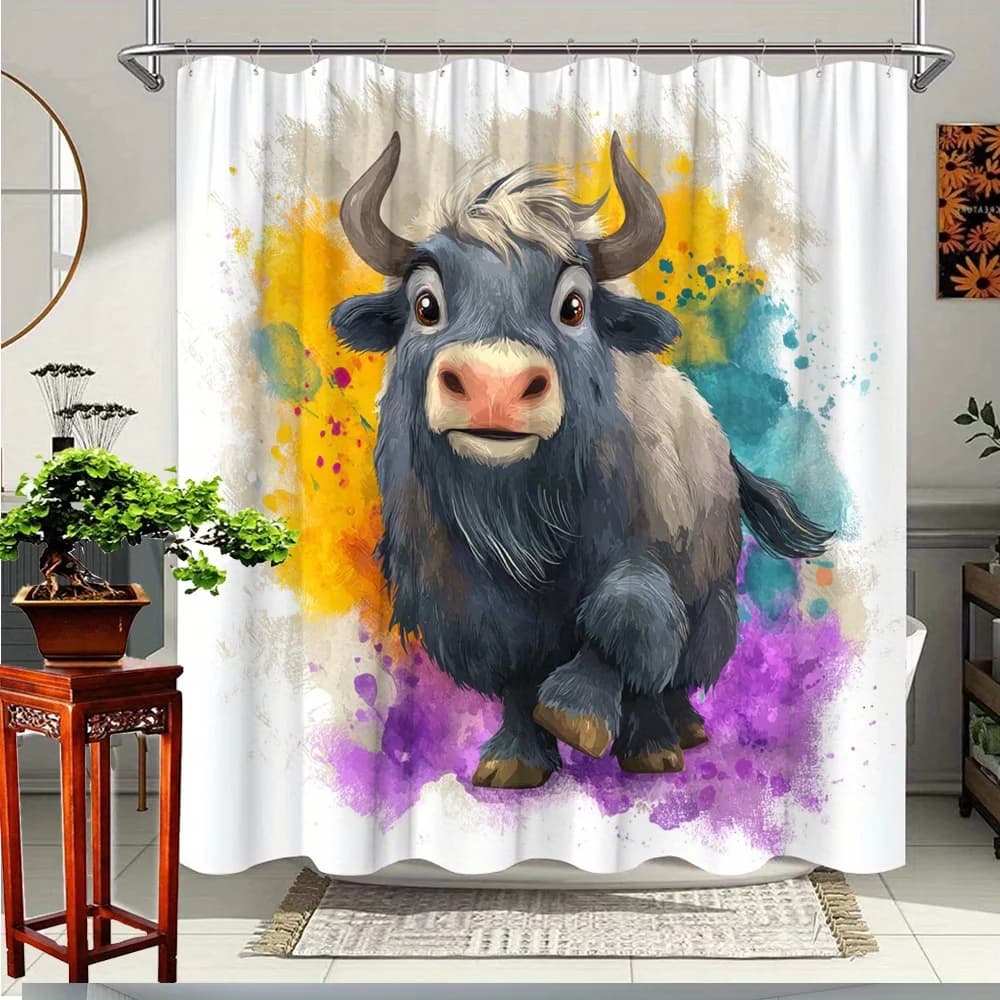 1 pezzo carino tenda da doccia con toro acquerello - divertente arredamento per il bagno con 12 ganci, tessuto in poliestere resistente, 70,8x70,8 pollici,