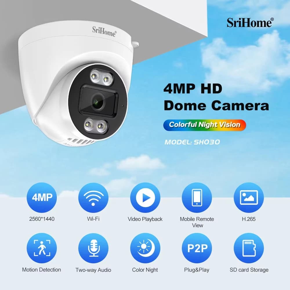 Srihome 4MP Dome IP Camera H.265 Sicurezza CCTV Wifi Telecamera Audio bidirezionale Allarme Push Onvif Video sorveglianza Funziona su NVR SH030
