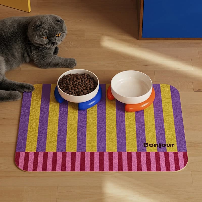 Waterproof & Oil-proof Pet Mat Solid Color Striped Dog Cat Feeding Rug Easy Clean Placemat for Food and Water