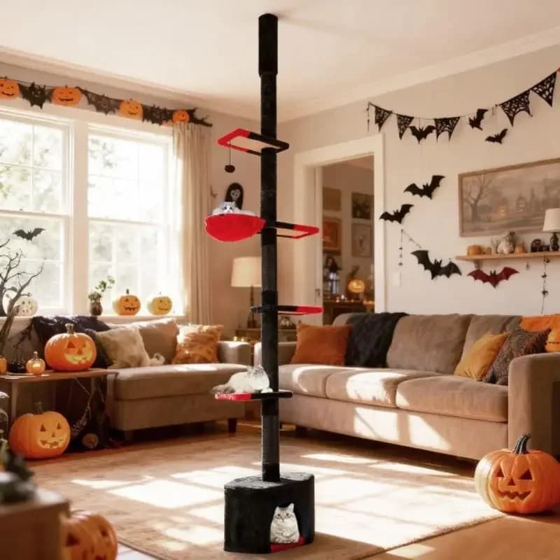 Albero per Gatti Gotico da Pavimento a Soffitto, Regolabile 97-118 Pollici, a 5 Livelli con Cuccia - Nero