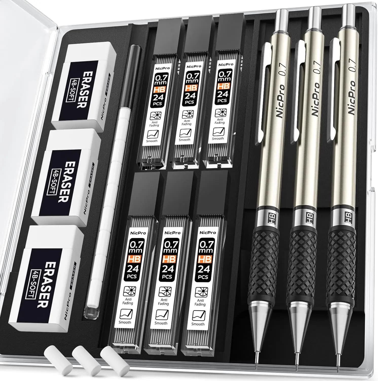 Set di matite meccaniche in metallo da 0,7 mm con custodia, ricariche di mina e gomme per disegno e schizzi