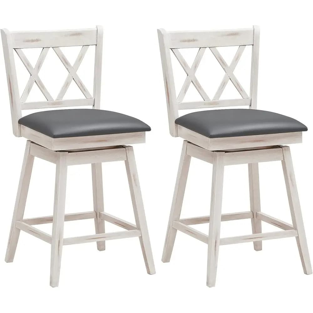 2 pezzi 360 ° Sgabello da bar girevole 25 con poggiapiedi, cuscino imbottito e schienale ergonomico, bianco antico + grigio