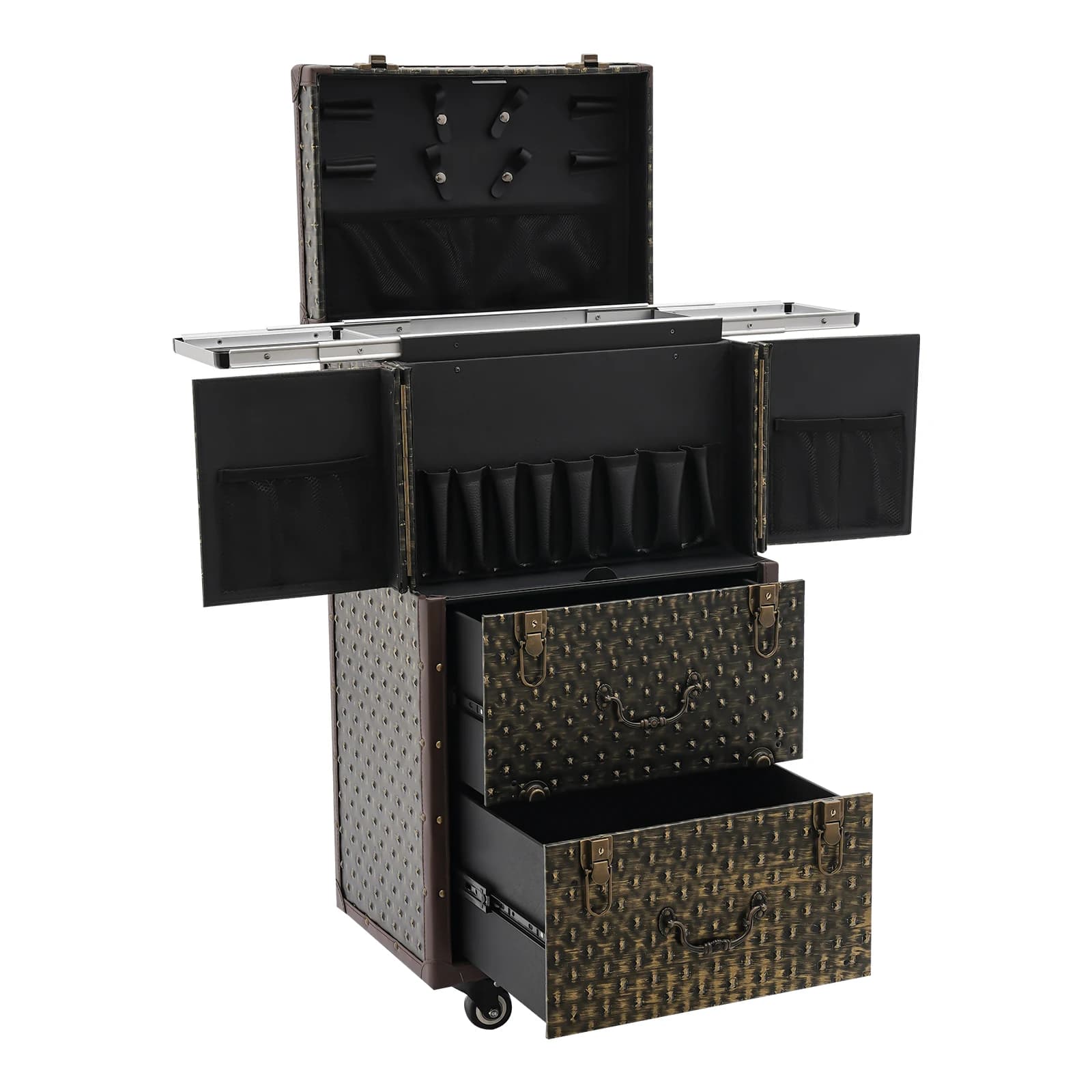 Rolling Makeup Case for Hairdressers, Vintage Cosmetic Trolley With 4 Wheels & Telescopic Handle, for Beauty Salon Travel