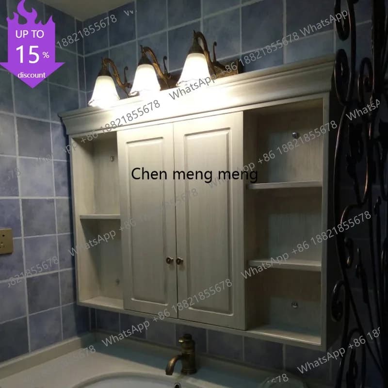 E153 Armadietto a specchio americano in legno massello, mobile lavabo da bagno, armadietto integrato con specchio e contenitore, specchio con vano nascosto
