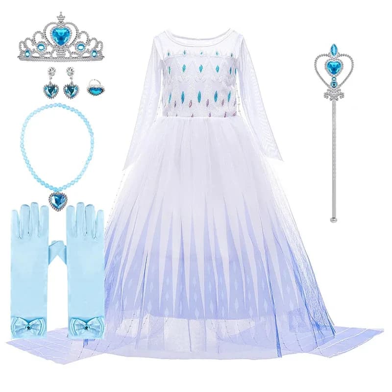 Costume da principessa cosplay per ragazza Regina delle nevi bianca 2 Abito elegante con paillettes Bambini Elsa Fancy Dress Kid Halloween Carniv Cosplay