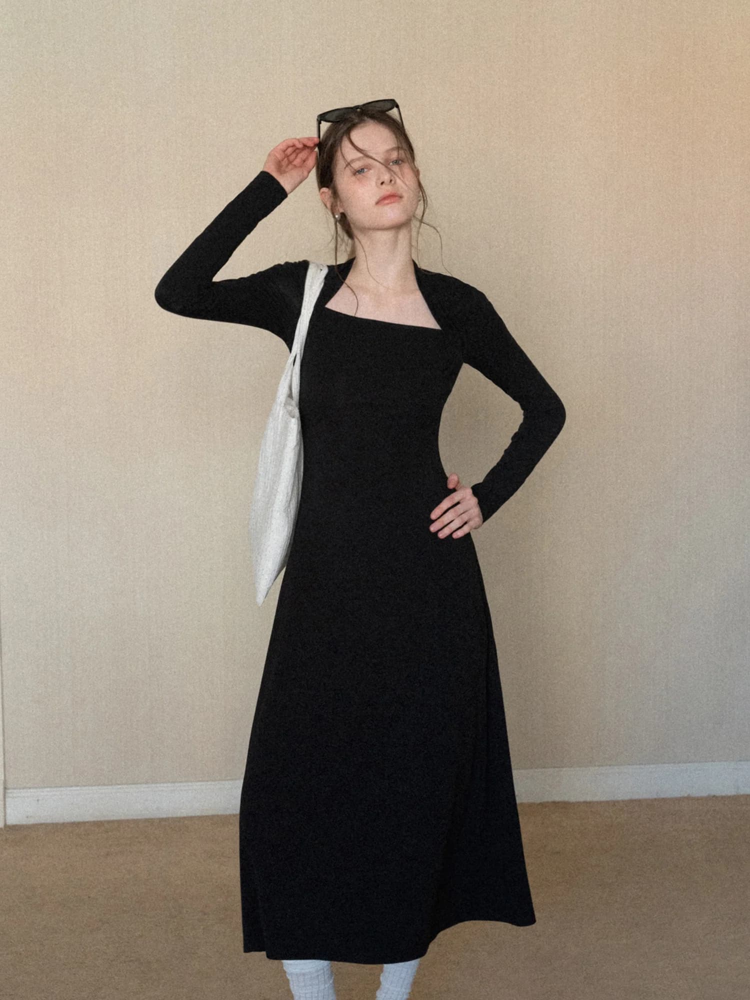 Eggka Slimming Long Sleeve Black Dress A-Line Midi Dress French Style High Waist Cotton Blend Comfortable Breathable Spring A...