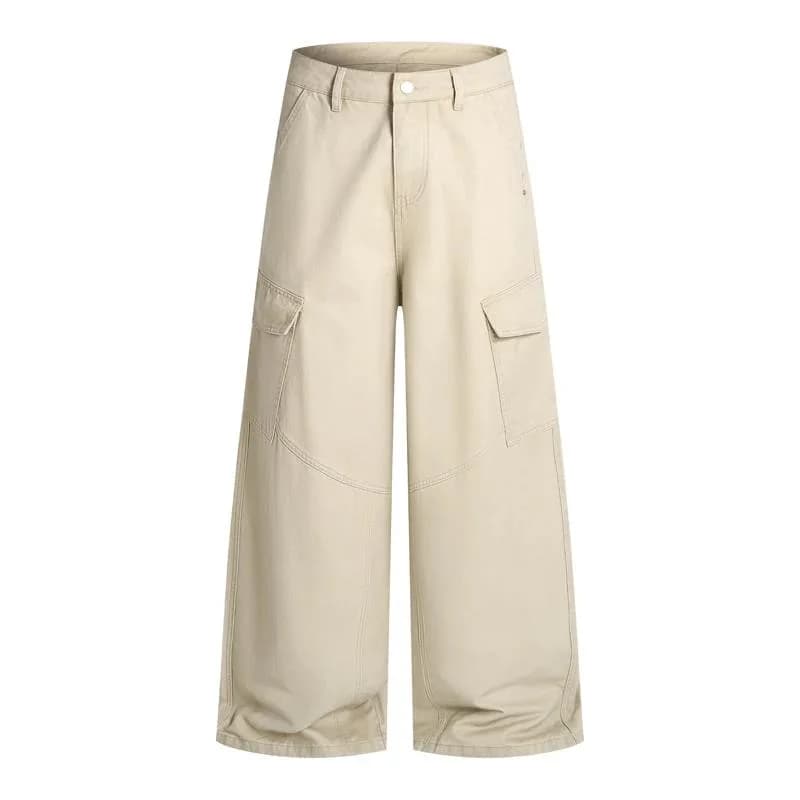 Cargo Apricot Men's Pants Deconstructed Design Large Pocket Unisex Trendy Loose Straight High Street Casual Jeans LNAY