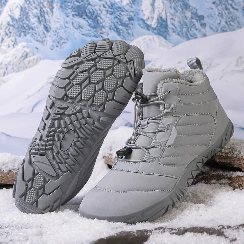 Stivali da neve invernali unisex Altezza caviglia Design a piedi nudi Pelliccia calda Fodera in peluche Scarpe da trekking all'aperto per coppie Taglia 34-48