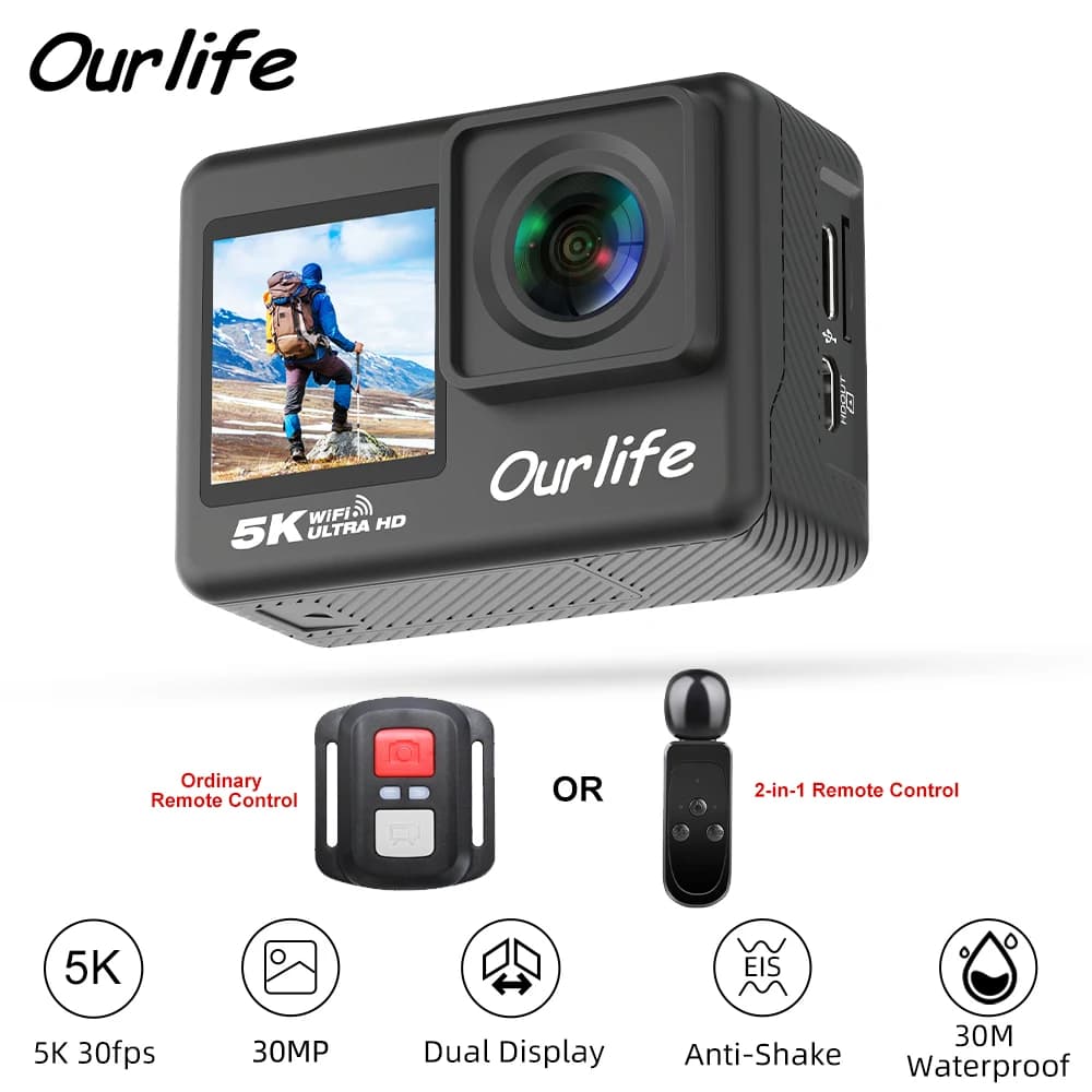 Ourlife 5K30FPS Action Camera 2.0'' LCD touch 170 ° DVR 30M Telecomando impermeabile Casco zoom 5X WiFi 4K60FPS Telecamera sportiva