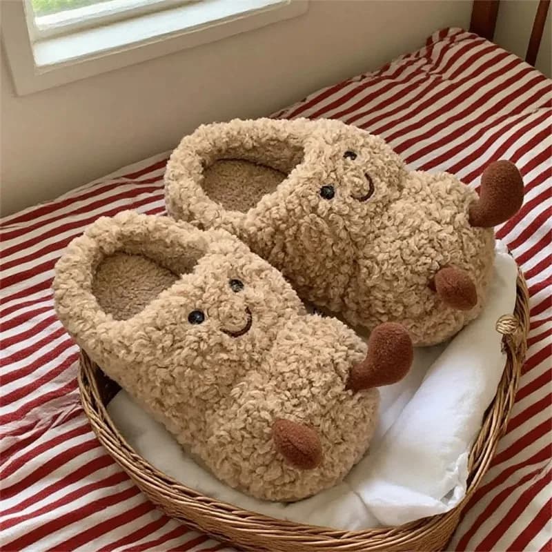 Nuove pantofole invernali a forma di arachide, divertenti, calde, in peluche, da interno, alla moda, casual, comode, antiscivolo, in cotone.