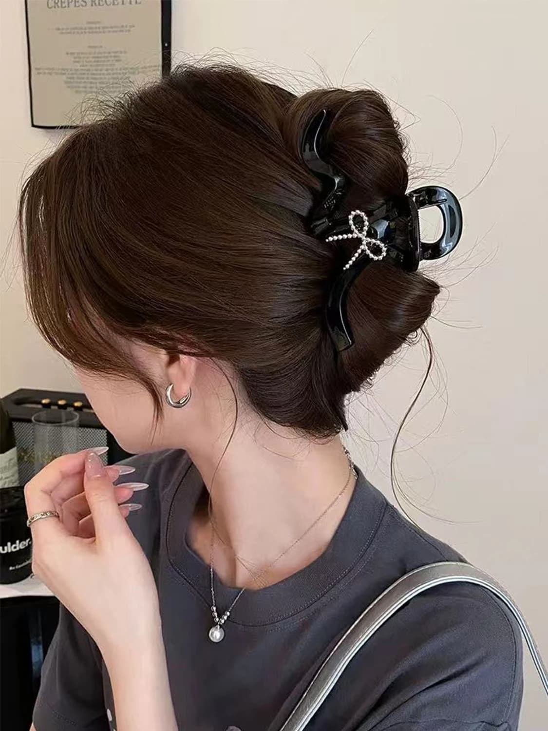 1 clip per capelli con fiocco in argento semplice ed elegante, clip per squalo per chignon di grandi dimensioni, adatta per capelli spessi