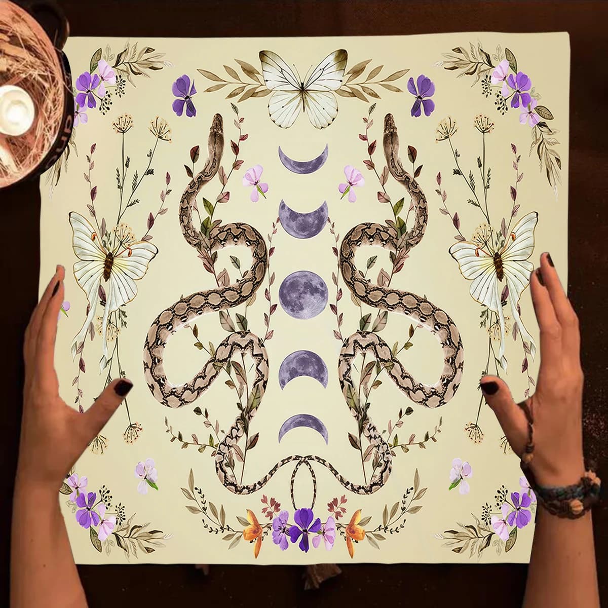 Tovaglia per tarocchi divinazione Tovaglia per altare Fasi lunari Fiori e piante Tovaglia per serpenti per tarocchi Witchy Home Decor Card P