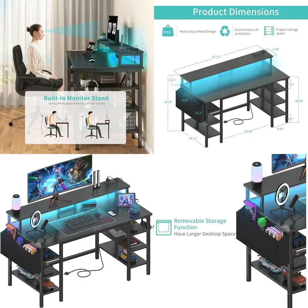 Play desk with LED lights and storage shelves, 47 inch computer desk with power sockets, home office desk with monitor support,