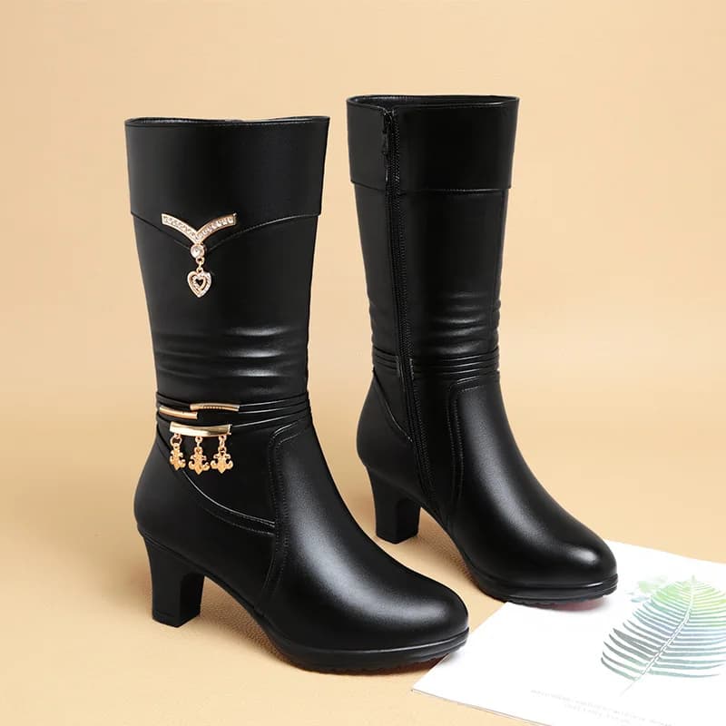 6cm Comfortable Elegant Block Heel Shoes Winter Boots 2026 Women's Fashion Soft Leather Warm Fur Mid Calf Plush Boots Daily Mom