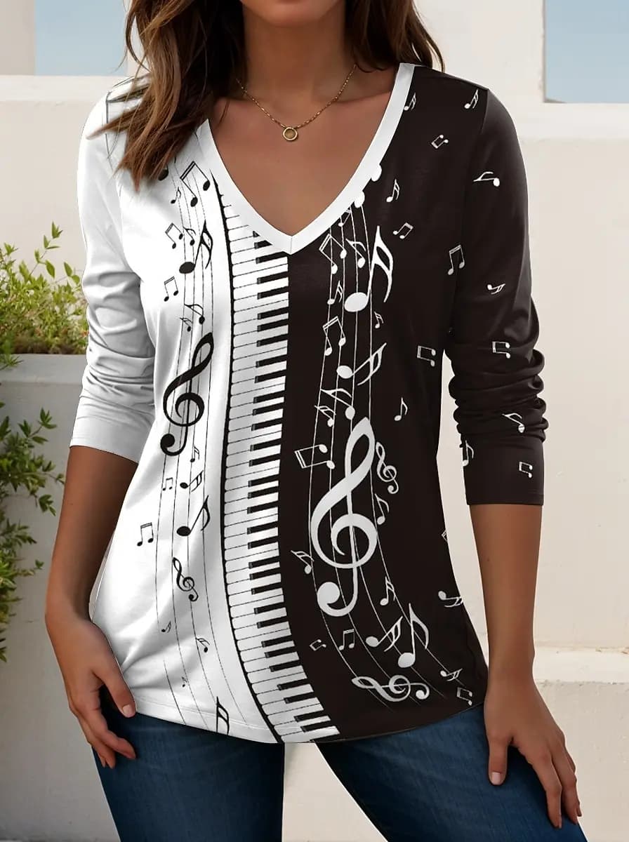 2025 T-shirt da donna Festival musicale Grafica Elegante Moda Tees T-shirt a maniche lunghe Scollo a V Top regolari Pullover casual Autunno