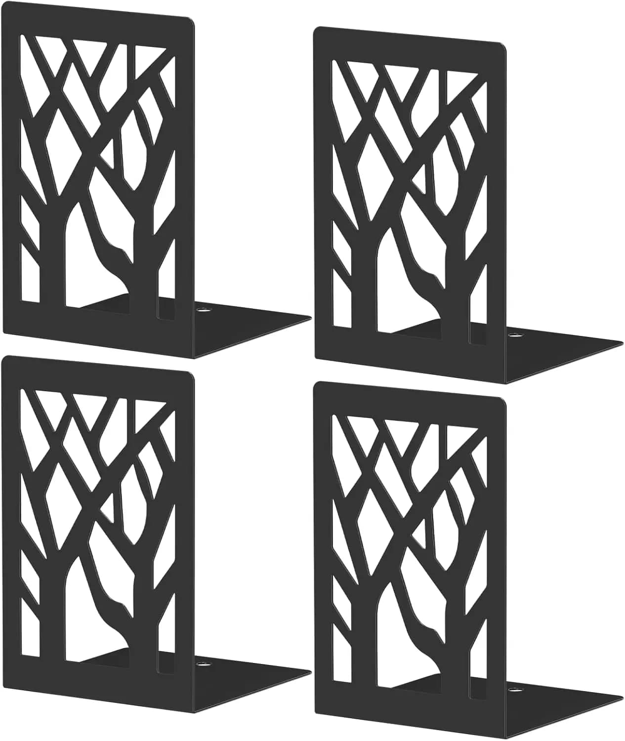Set di 4 Fermalibri Moderni in Metallo a Forma di Albero, Organizzatori Decorativi Neri per Scaffali di Casa e Ufficio