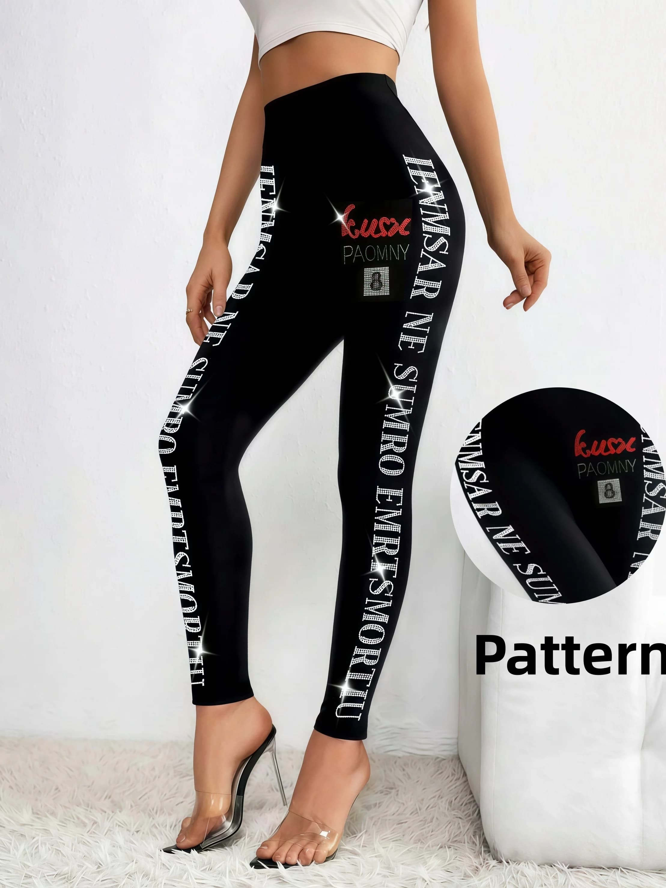 Leggings Neri da Donna con Strass a Lettera, Vita Alta, Elasticizzati, alla Moda, Versatili, Pantaloni a Tre Quarti per Uso Quotidiano Casual