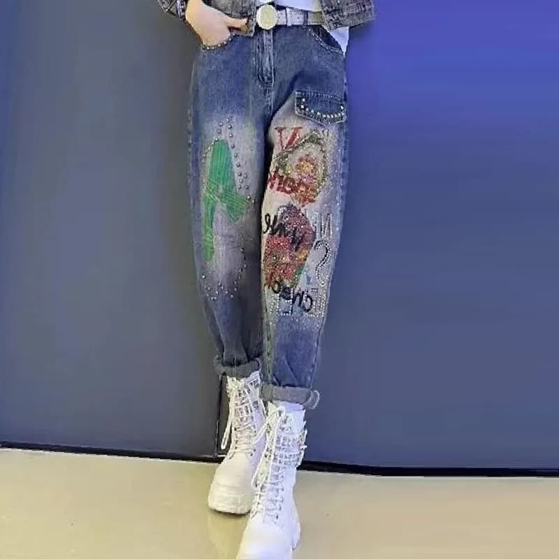 Spring 2026 Women's High Waist Letter Embellished Heavy Embroidery Denim Jeans Casual Style Long Pants Harlan Pants