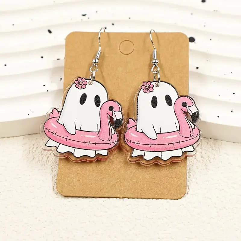 Nuovi Orecchini a Forma di Anello da Nuoto con Fenicottero Rosa Cartone Animato, Creativi e Carini, in Acrilico Piatto, a Tema Halloween, con Motivi Fantasma e Macchie