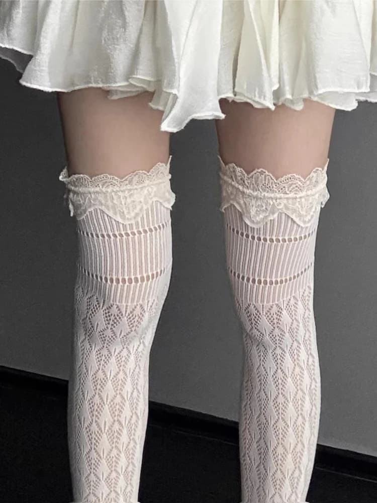 2K Retro Lolita Thigh High Fishnet Stockings Sheer Lace Trim Japanese JK Inspired Ballet Overknee Hosiery for Women