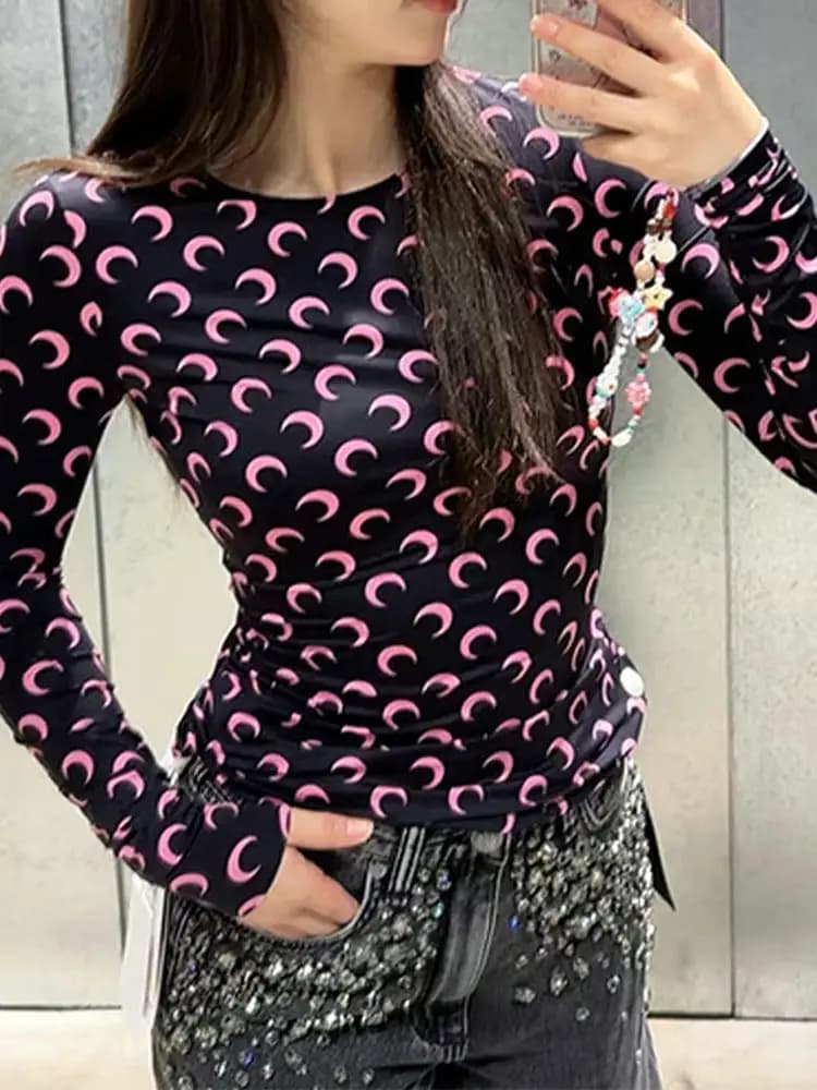 Ice Silk Moon Base Shirt round Neck Slim Fit Sunscreen Layering Fashion T-Shirt Trendy Top Casual Style Long Sleeve Printed