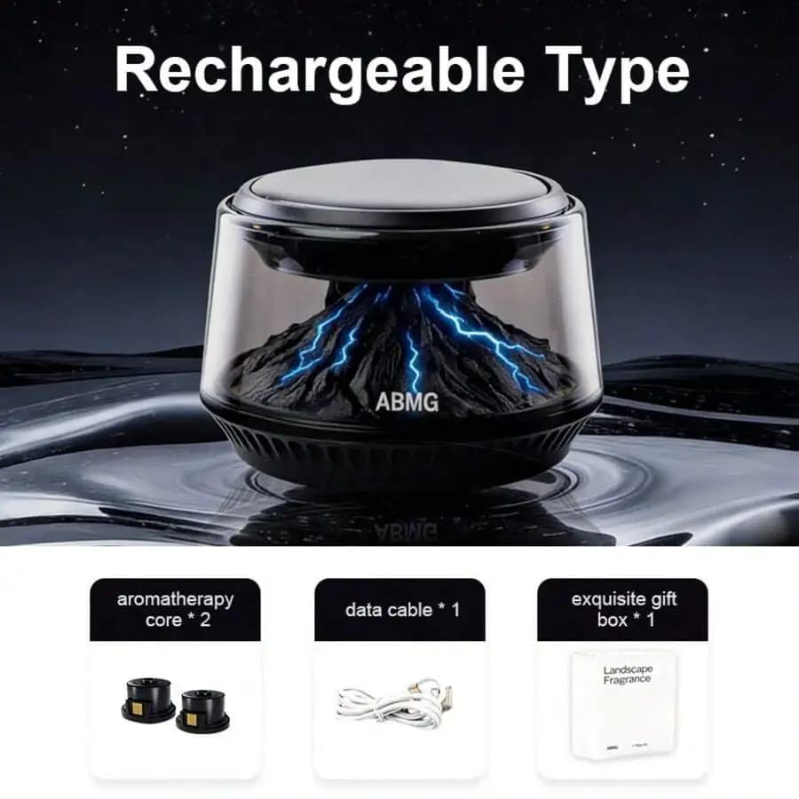 Smart Car Air Freshener Diffusers, Volcano Glacier Landscape Car Diffuser With AI Smart Start-Stop, Solar & USB Charging, Portab
