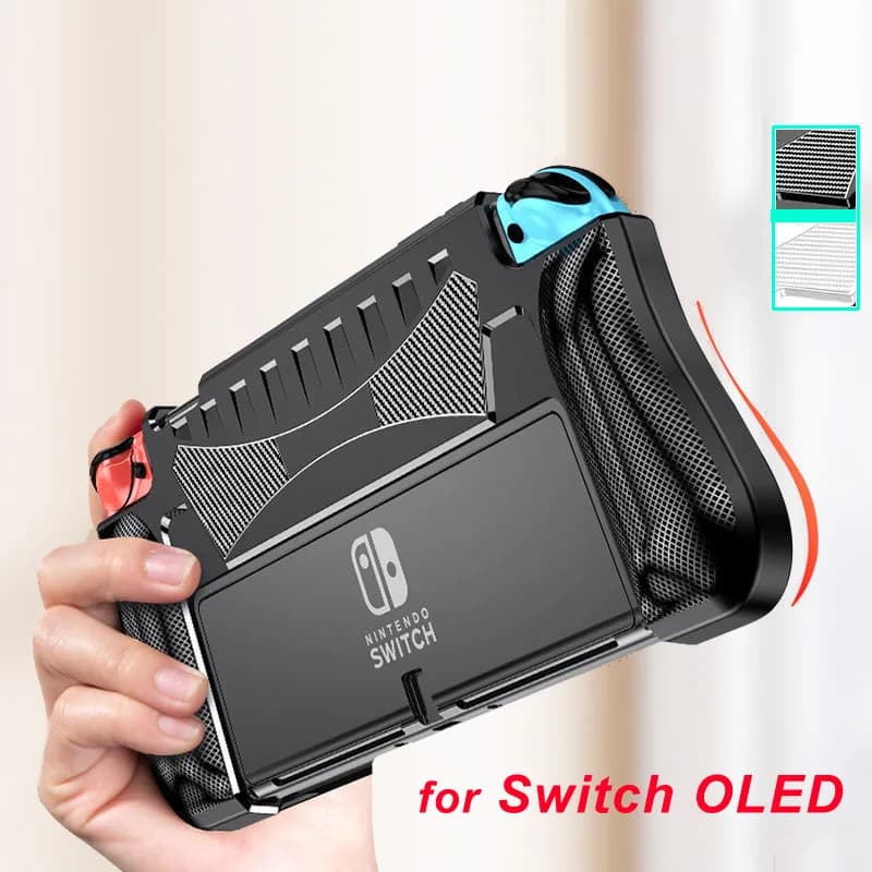 Custodia protettiva agganciabile per Nintendo Switch OLED 2021 Custodia morbida in silicone con impugnatura ergonomica strutturata in fibra di carbonio per Joycon