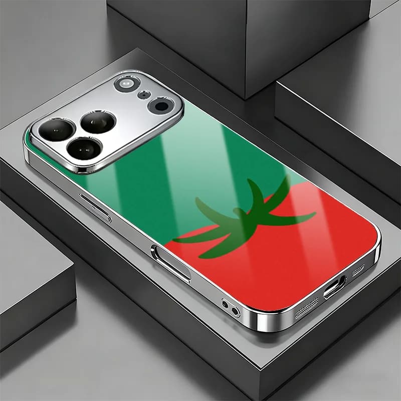 Red Tomato On Green Background Electroplated Glass Lens Protective Shockproof Case For iPhone 13 14 15 16 17 Pro ProMax