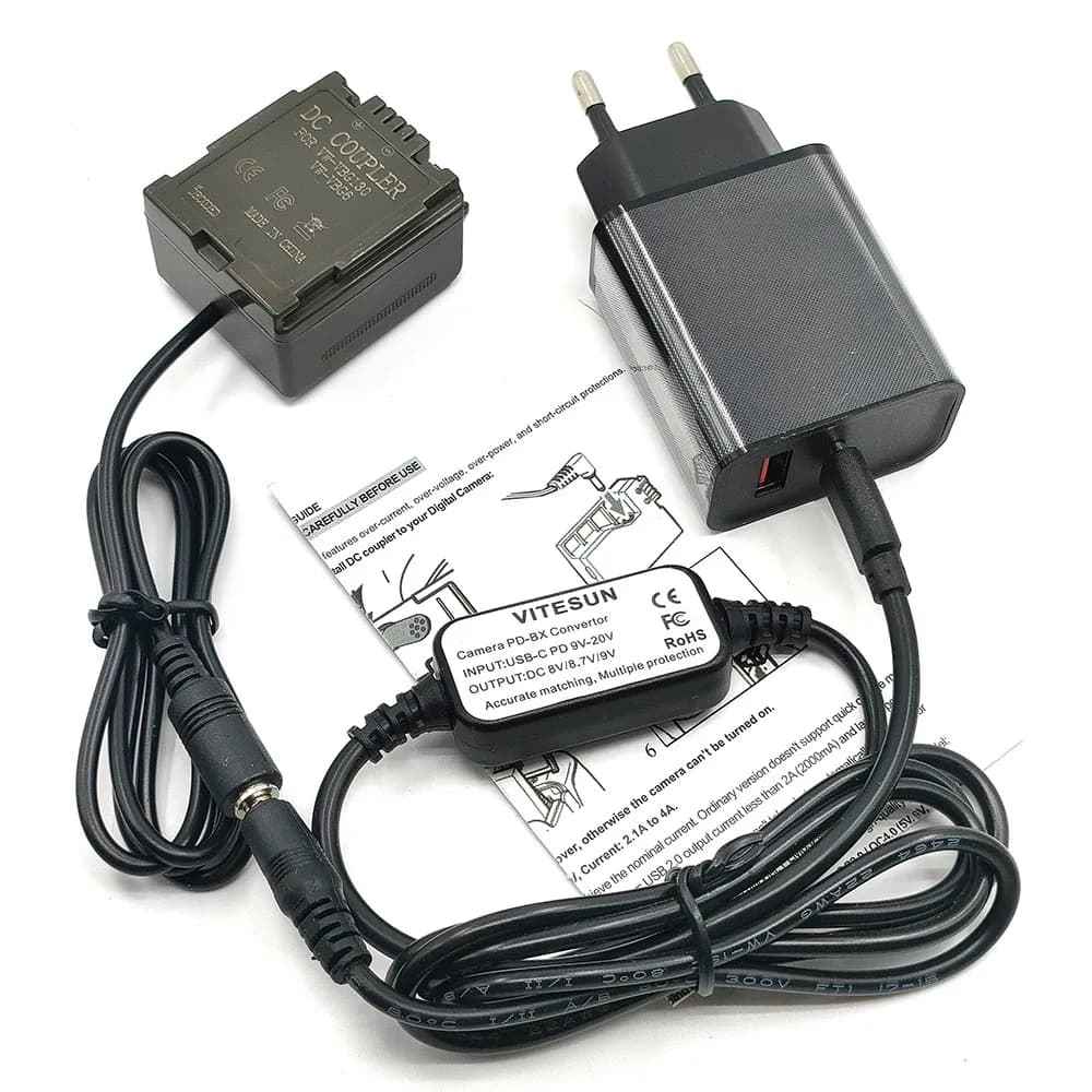 Caricabatterie PD USB C + Cavo di Alimentazione + Batteria Fittizia VW-VBG130 VBG6 per Fotocamere Panasonic HS20 H29 HS9 H48 H40 H41 H60 H68 H80 H288
