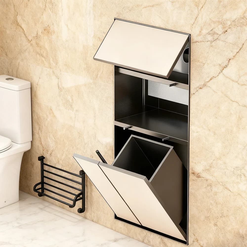 Multi-Functional Hidden Modern Corner Stainless Steel All-in-one Toilet Paper Toilet Brush Holder Trash Can Wall Recessed Niche