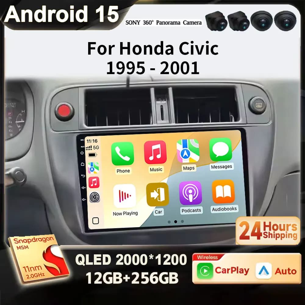 For Honda Civic 1996 1997 1998 1999 2000 2001 Android 15 2K QLED Qualcomm Car Radio Multimedia Video Player 4G BT Stereo CarPlay