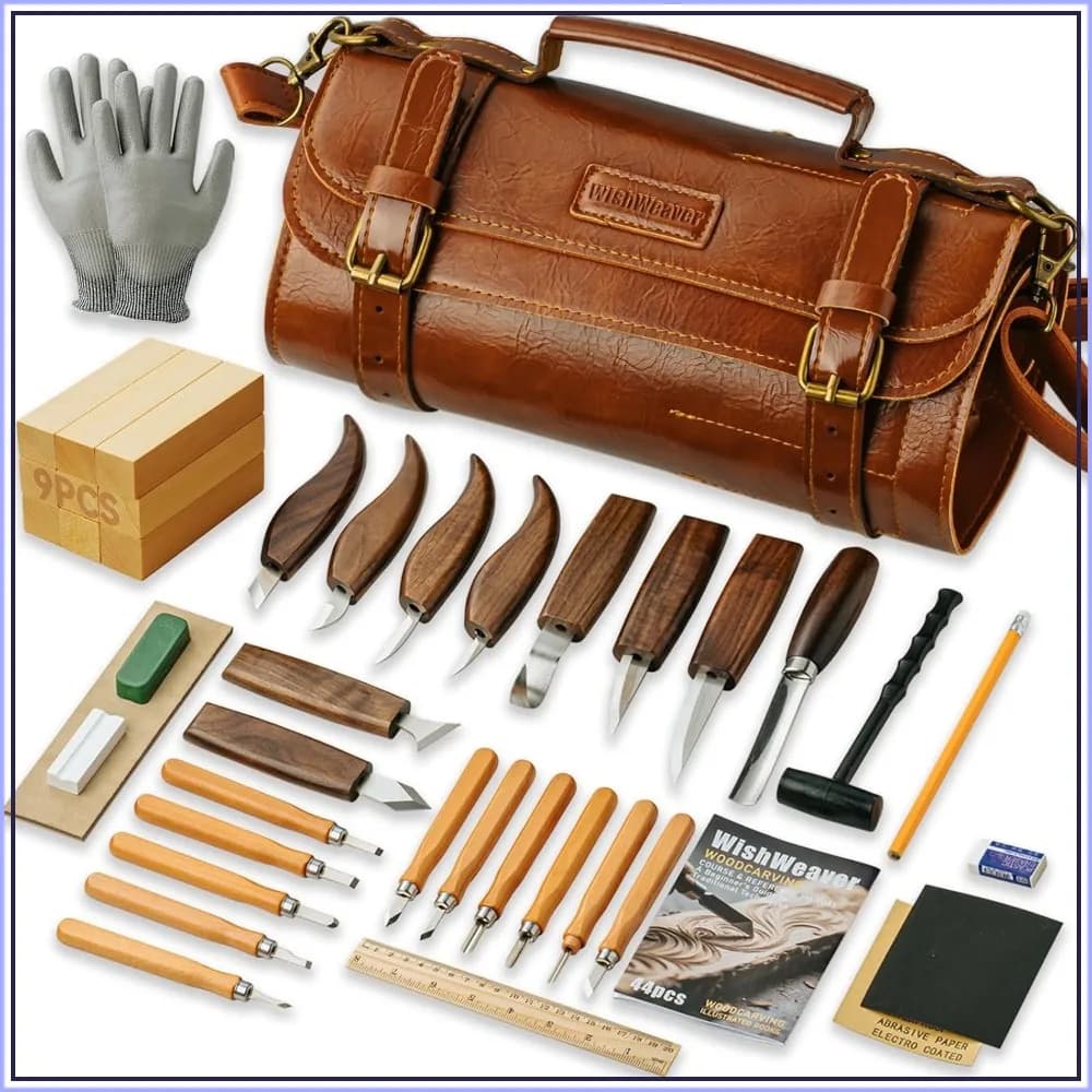 44Pcs Wood Carving Kit with Leather Storage Bag, 10 Knives 11 Chisels 9 Blocks for Beginners & Enthusiasts DIY