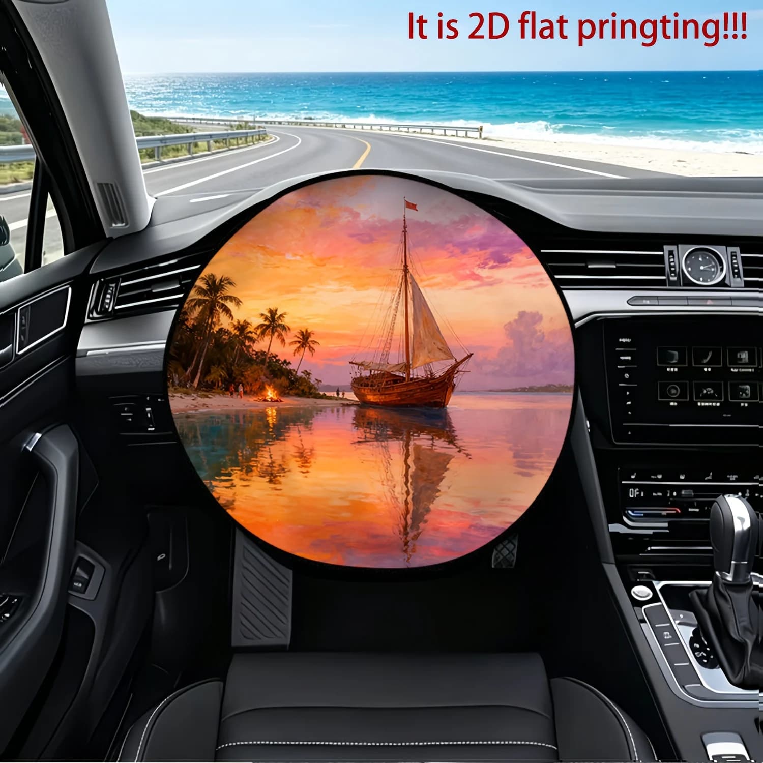 1pc Sunset Beach Sailing Boat Anchored Palm Tree Print Car Steering Wheel Cover - Heat Insulation, Sunshade, High-Temperature De
