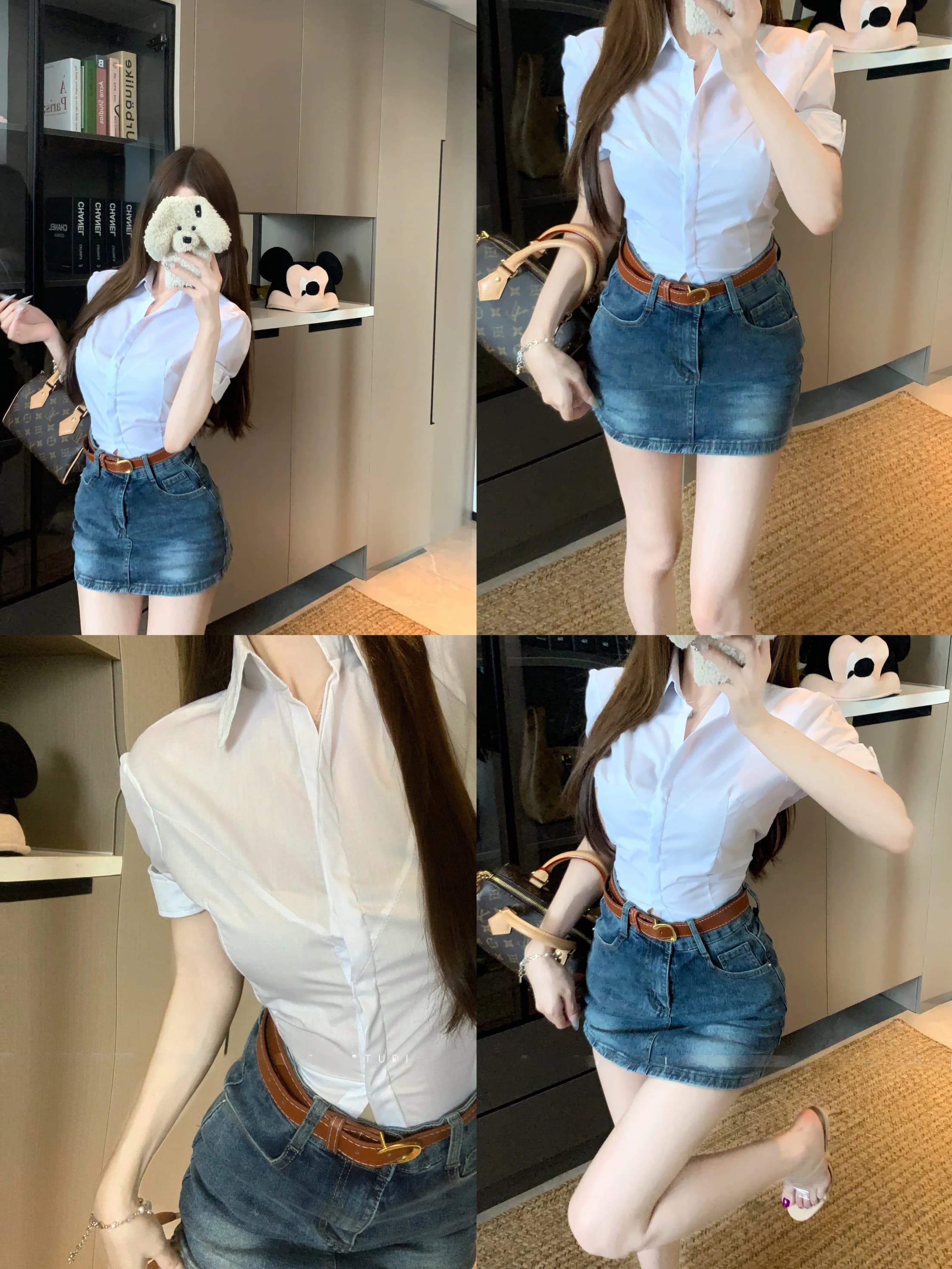 Set Tre Pezzi Primaverile: Camicia Bianca Slim Fit a Maniche Corte con Cintura in Vita e Gonna in Denim