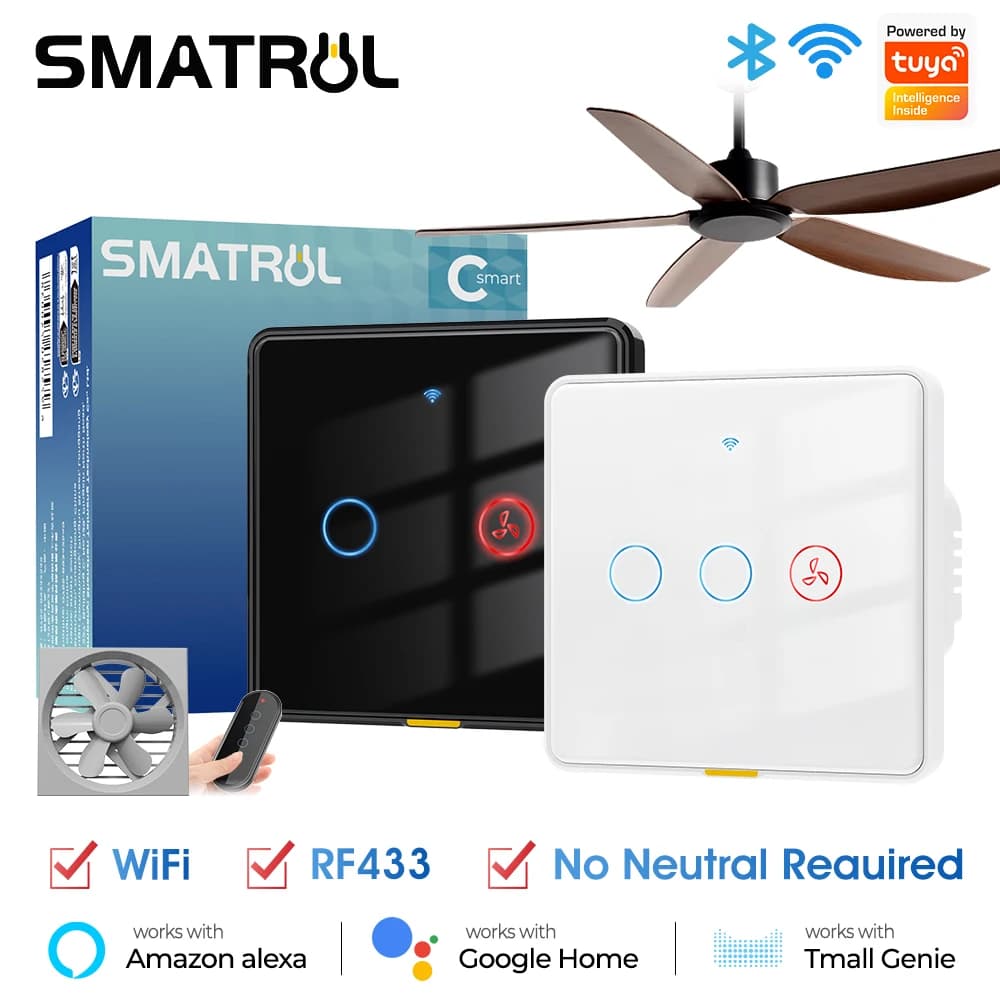 No Neutral Wire Tuya Smart WiFi RF433 ventilatore interruttore della luce del soffitto Timer interruttore tattile in vetro a parete retroilluminazione controllo della temporizzazione voce