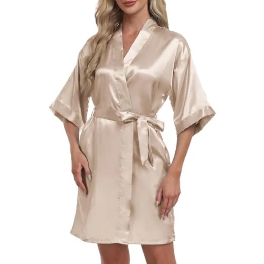 Women's Short Robe Silky Satin Pure Color Bathrobe Bridesmaid Bride Party Kimono V-Neck Sleepwear with Pockets