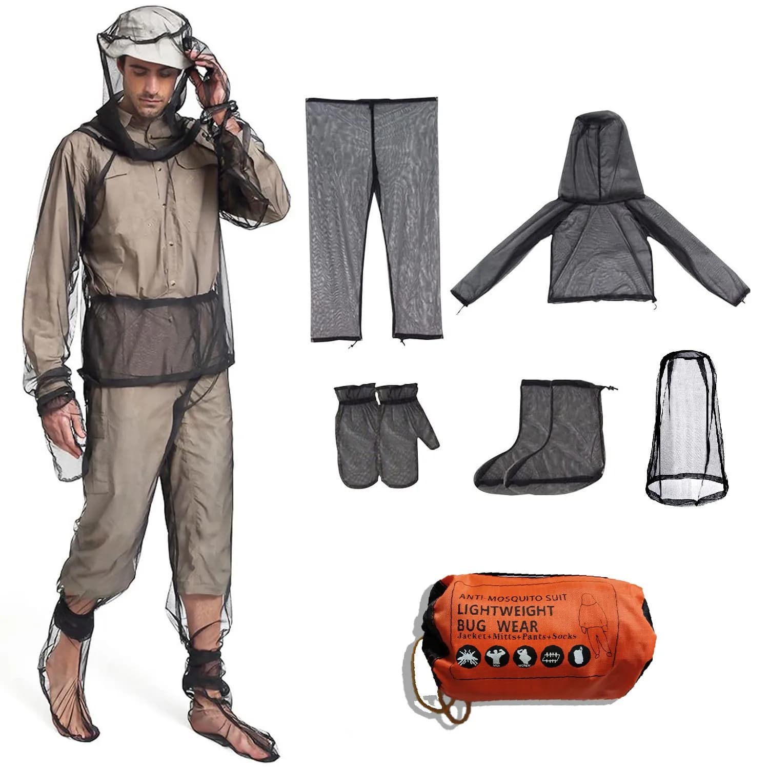 Set 6 Pezzi Tuta Anti-Insetti con Cappuccio in Rete, Abbigliamento Protettivo per Pesca, Campeggio, Escursionismo, Anti-Punture di Zanzara