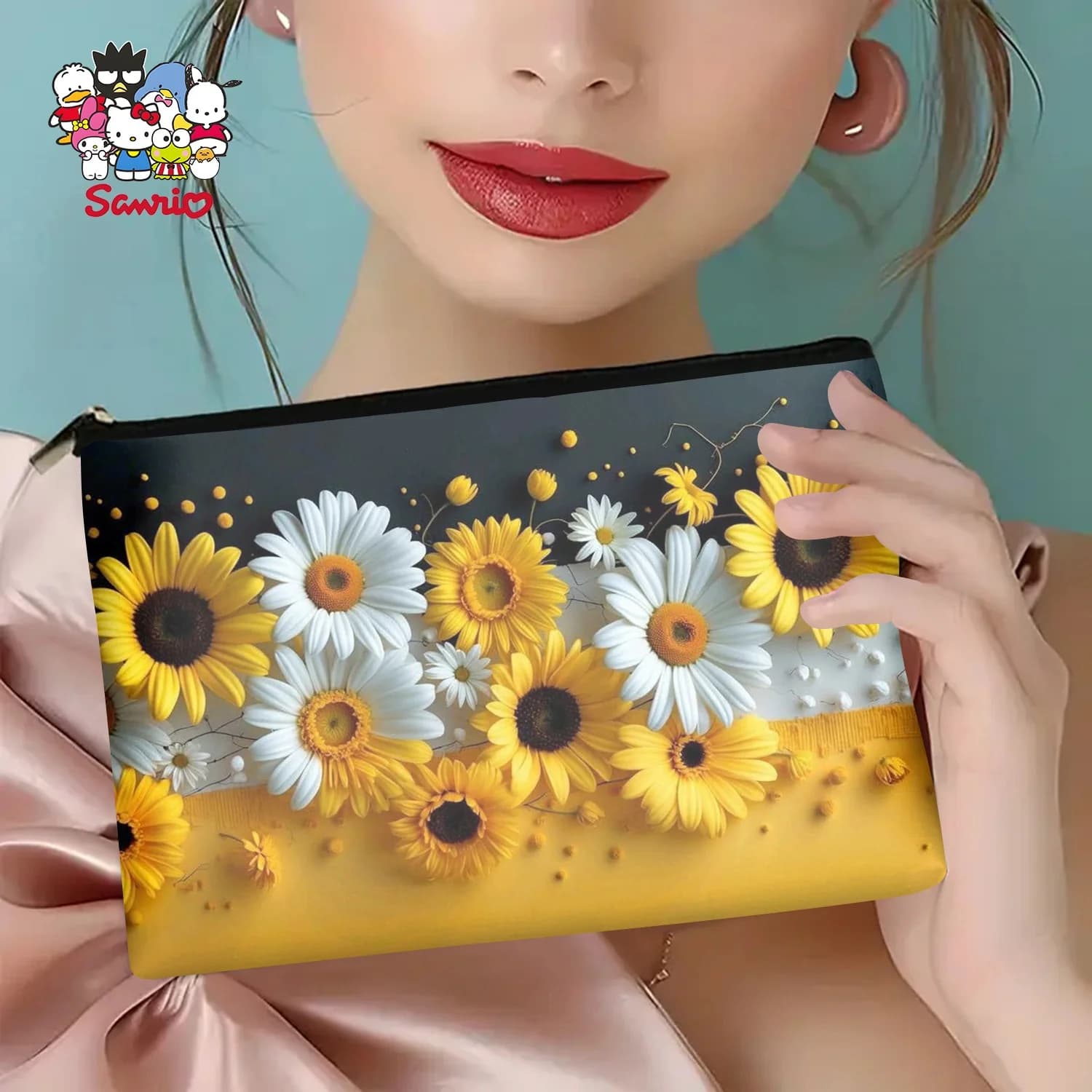 Una classica borsa per il trucco con motivo fresco margherita gialla e bianca: carina custodia multifunzionale con cerniera per donna, borsa per riporre gioielli,