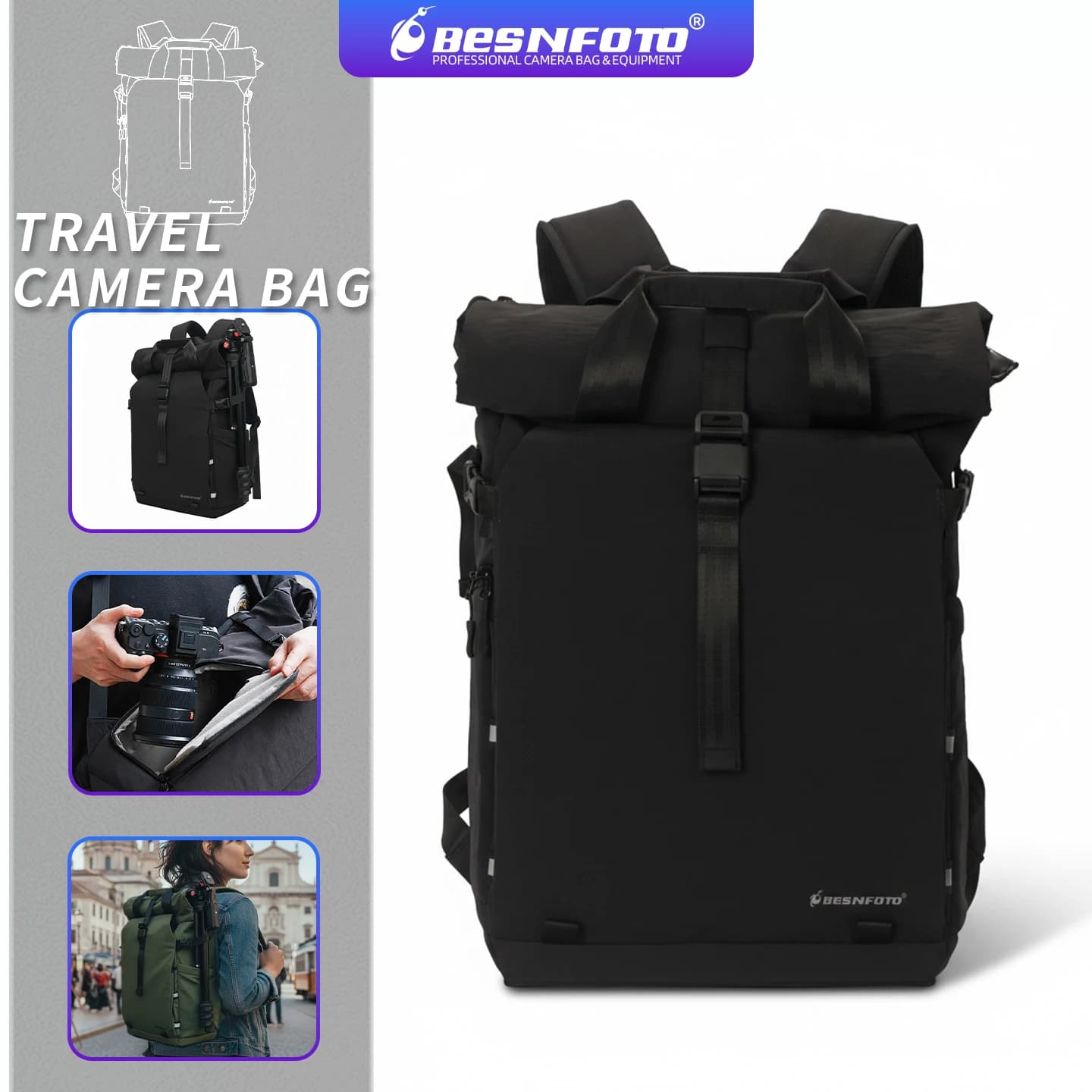 Zaino Fotografico Impermeabile Espandibile Besnfoto con Chiusura Roll-Top per Fotocamere DSLR, SLR, Mirrorless e Droni, Adatto per Laptop da 16'' con Supporto per Treppiede