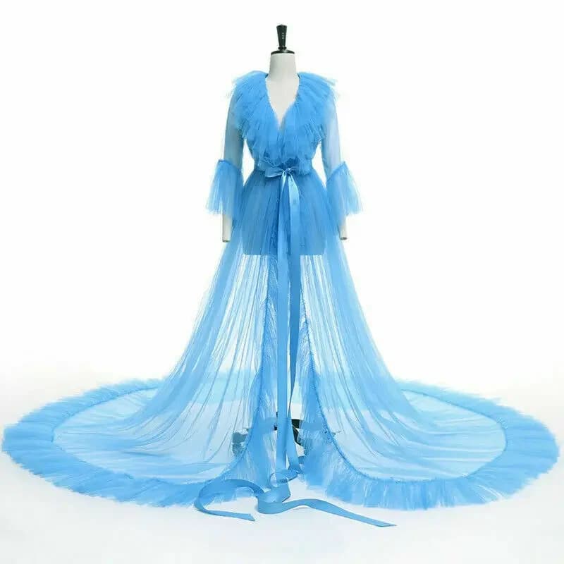 Women's summer kimono dress Night dress in transparent tulle with V-neck long sleeves stretched to the floor Lingerie 4 colors
